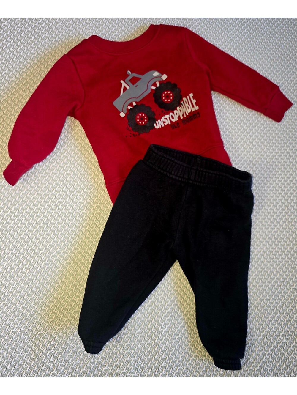 Garanimals 6 to 9 month boys sweat suit with truck "Unstoppable like Mommy"